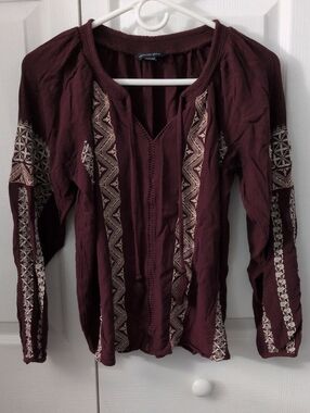 American Eagle Outfitters Burgundy Embroidered Peasant Tunic Boho